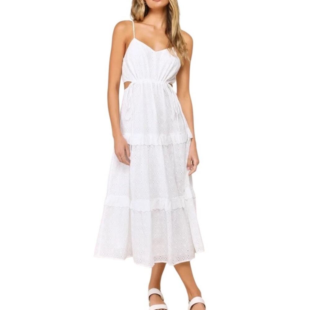 Lulus Summertime Babe White Eyelet Embroidered Cutout Midi Dress NWT Medium